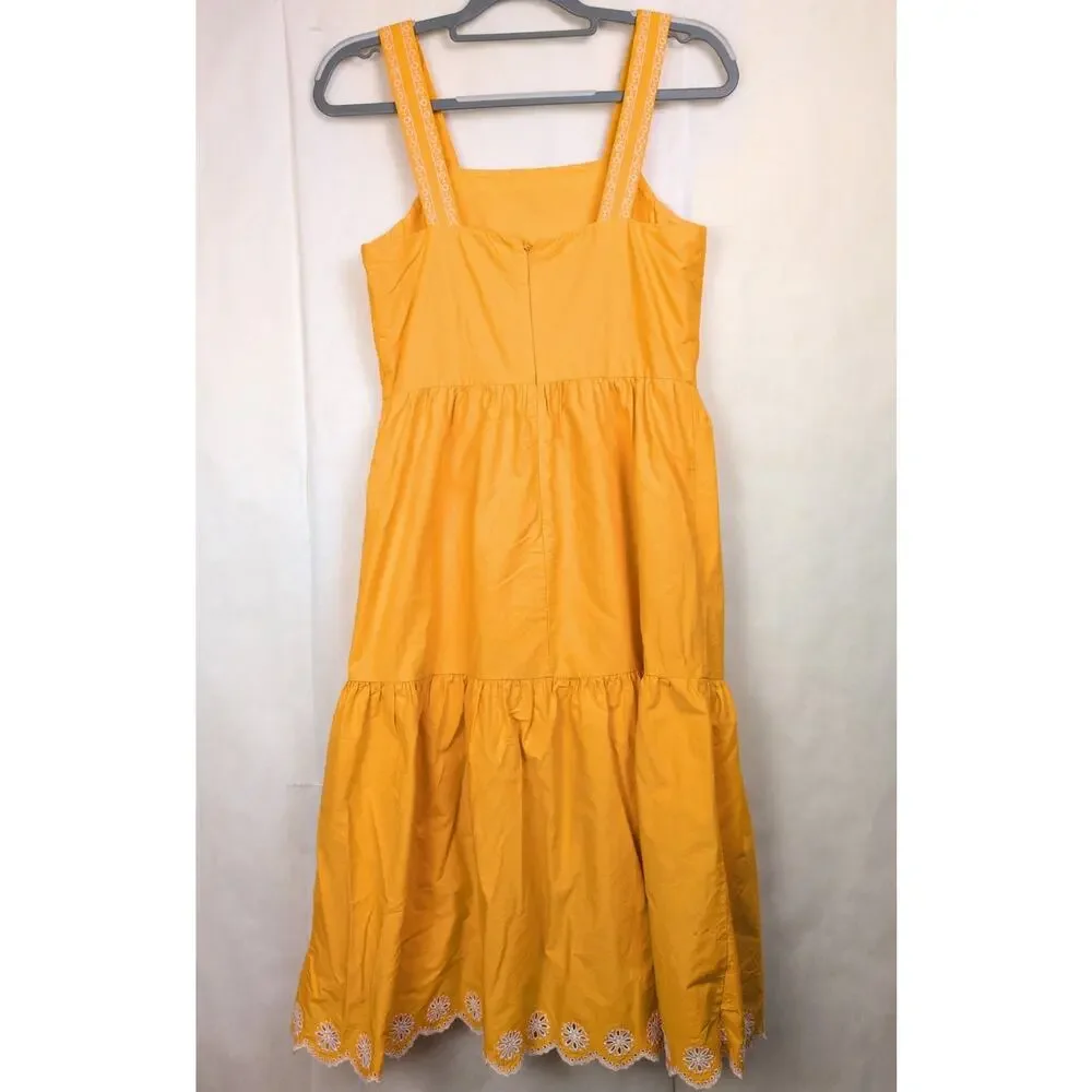 J.crew yellow tiered eyelet lace embroidered midi dress Sz 2 Boho Retro Cottage